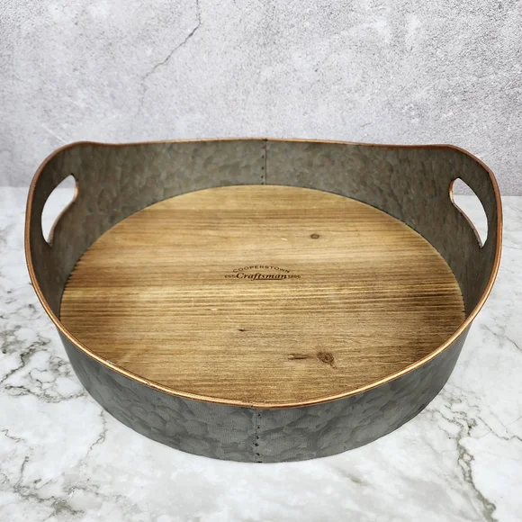 Tray Decor, Silver Metal Large Oval Serving Tray, Mango Wood Base and Brass - Picture 1 of 6